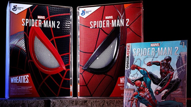 Ein Bild zeigt Wheaties limitierte Spider-Man 2-Müslischachtel und den Prequel-Comic. 